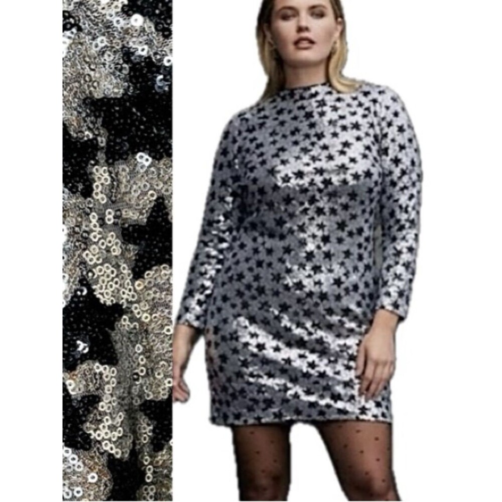 Eloquii Silver Sequin Star Dress Size 20 Black Velvet Back Long Sleeve Mock Neck